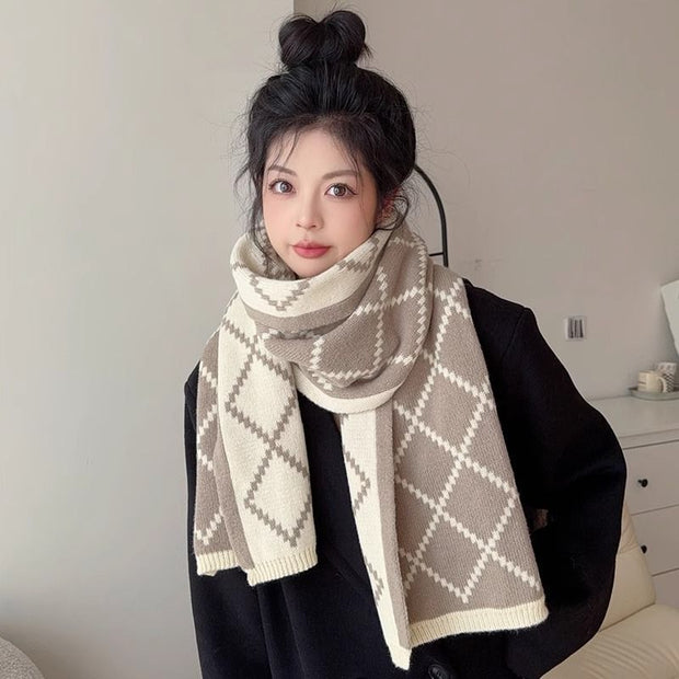 Diamond Plaid Scarf Winter Student Couple Thickened Warm Wool Scarf